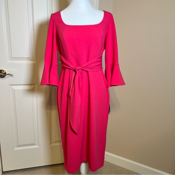 Adrianna Papell Midi Length Sheath Dress Stretch Knit Crepe Tie Front Size 8 - Picture 2 of 13